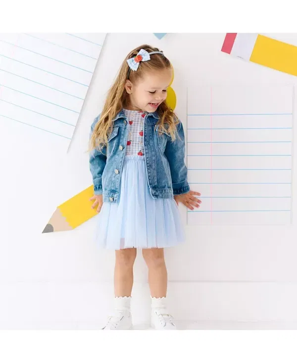 Детская джинсовая куртка для девочек с длинным рукавом Plaid Bow Patch Sweet Wink, Denim — фото 3