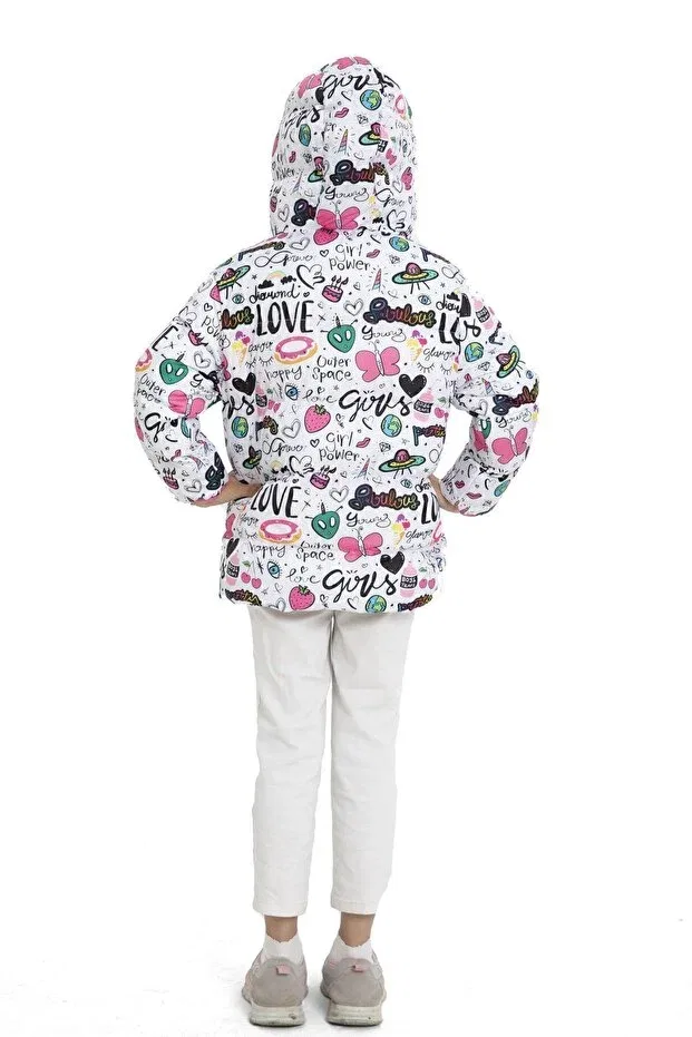 Детское зимнее пальто для девочек с принтом Girl'S Fleece Hooded Girls Written Butterfly Patterned Winter Puffer Coat & Coat & Parka Montland, White-Pink — фото 4