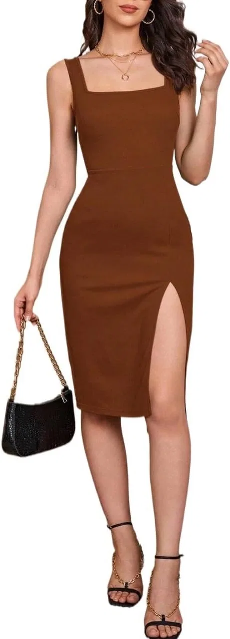 Женское миди-платье с разрезом на бедре Solid, Brown