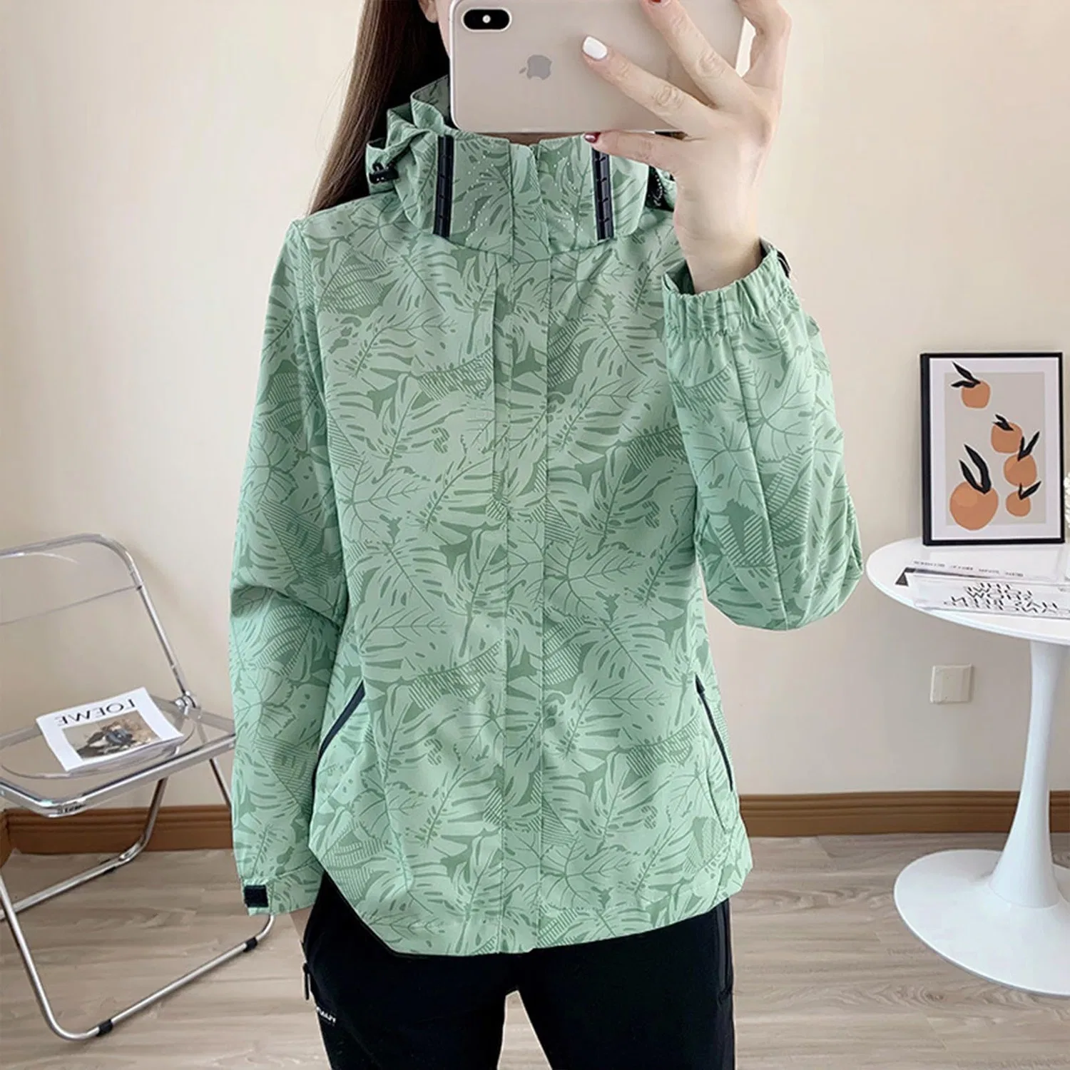 Женская куртка с принтом Spring and Autumn Slim Maple Camouflage, Verde — фото 2