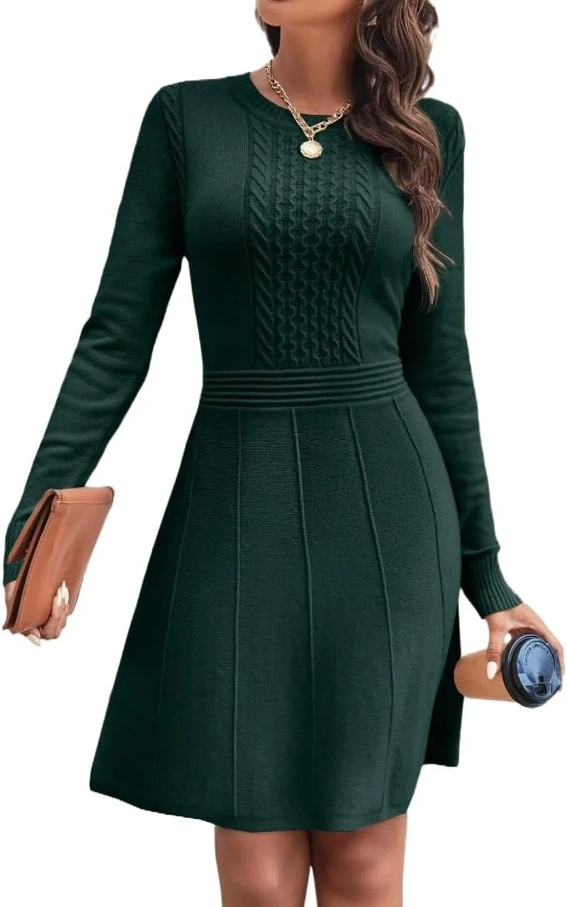 Женское повседневное платье с круглым вырезом Knit Dress, Dark Green