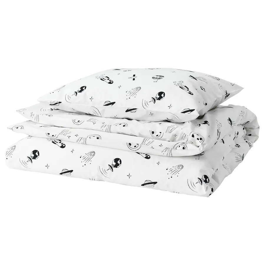 

Комплект детского постельного белья Ikea Aftonsparv Space, 2 предмета, 150x200/50x60 см, белый/черный