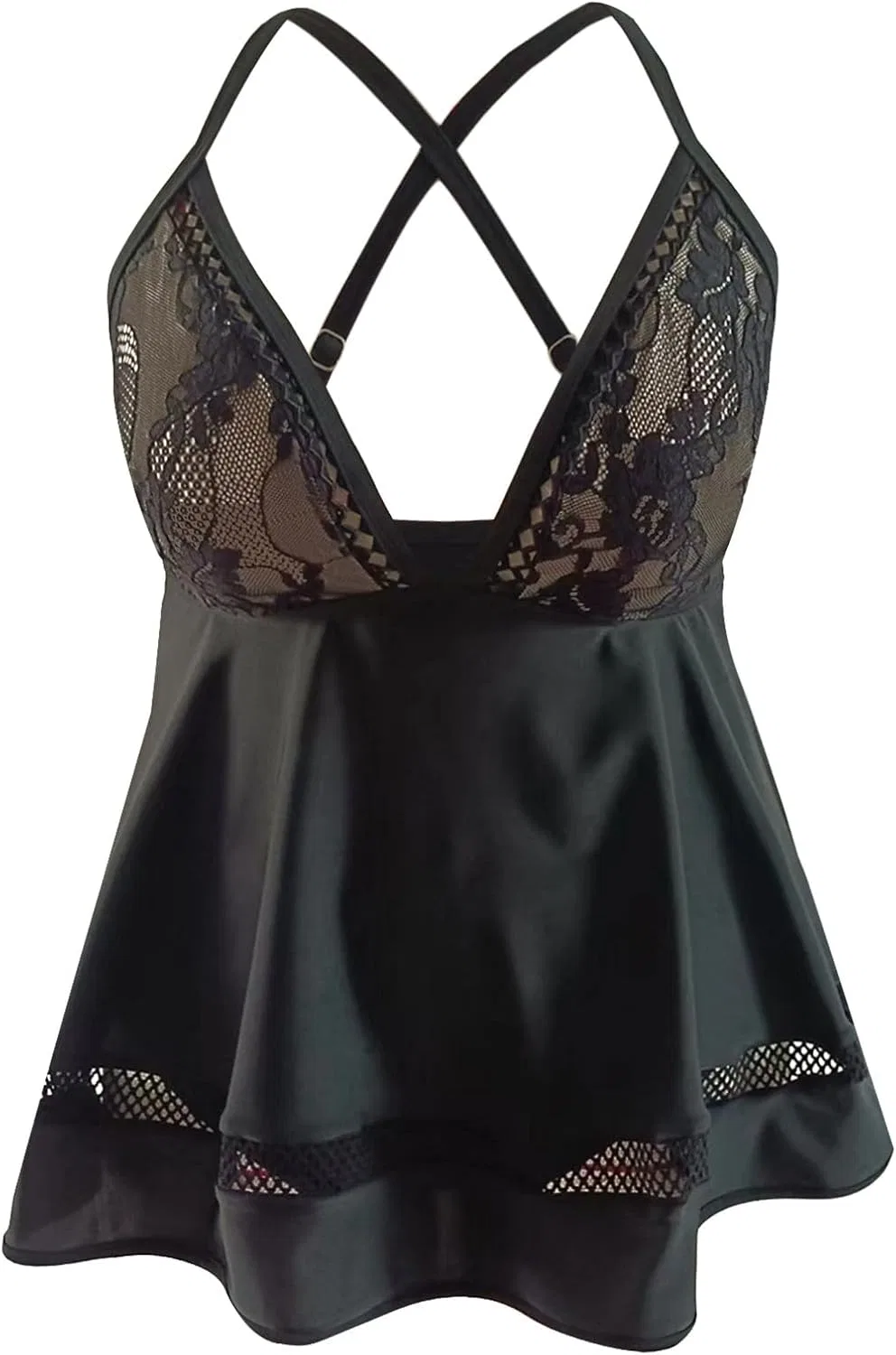 Женский цельнокроеный купальник свободного кроя с кружевной юбкой, Black — фото 4