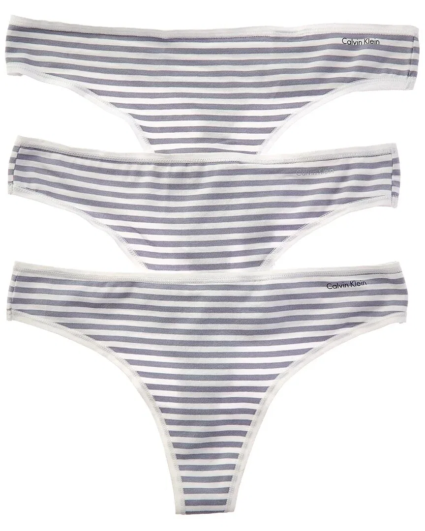 Женские трусы-стринги комплект из 3 штук с принтом Marching Stripe Flint серый Calvin Klein, серый