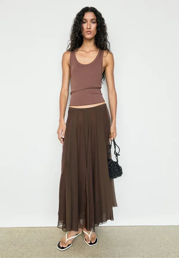 Юбка миди клеш Flowing flared midi skirt, Massimo Dotti, темно-коричневый Massimo Dutti — фото 4