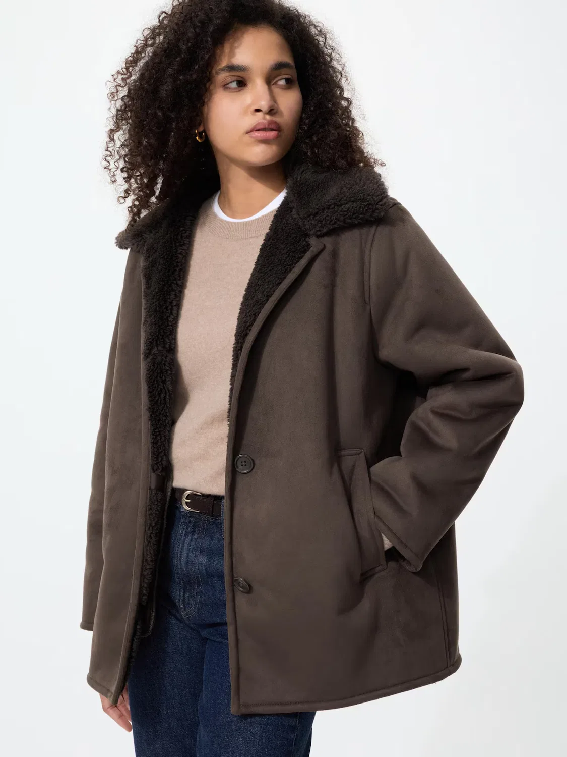 Пальто Uniqlo, полушерстяное ворсистое, коричневый