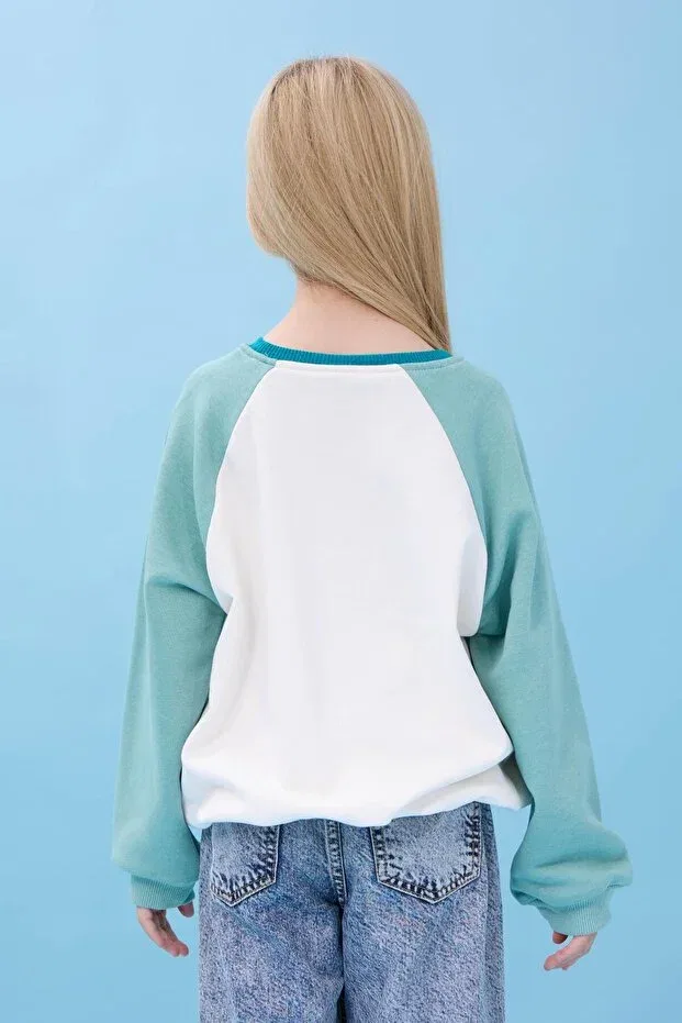 Детские свитшот для девочек с принтом Elephant Printed Crew Neck Oversize Seasonal Perendi, Ecru-Cagla — фото 3