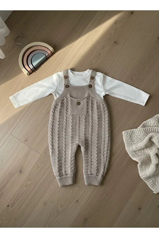 Детский комбинезон для девочек вязаный с принтом Hair Braided Pocketed Knitwear Baby Salopet Jumpsuit Combed Cotton Gift Set Nio Lua, Beige