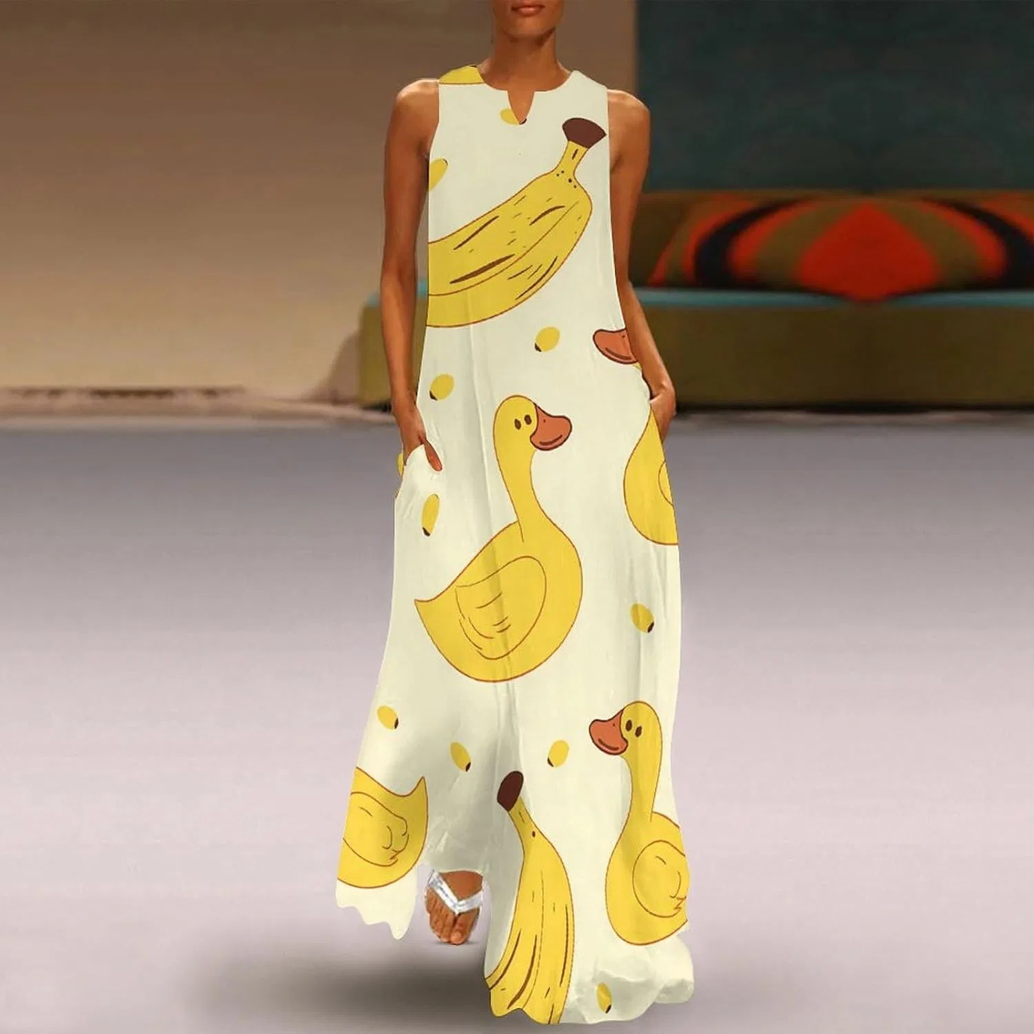 Женский летний сарафан без рукавов с карманами, Yellow Duck and Bananas, Style-3 — фото 2