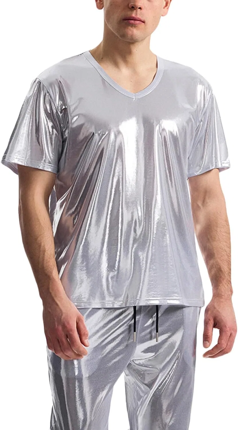 Мужская футболка с V-образным вырезом блестящая Metallic, Silver
