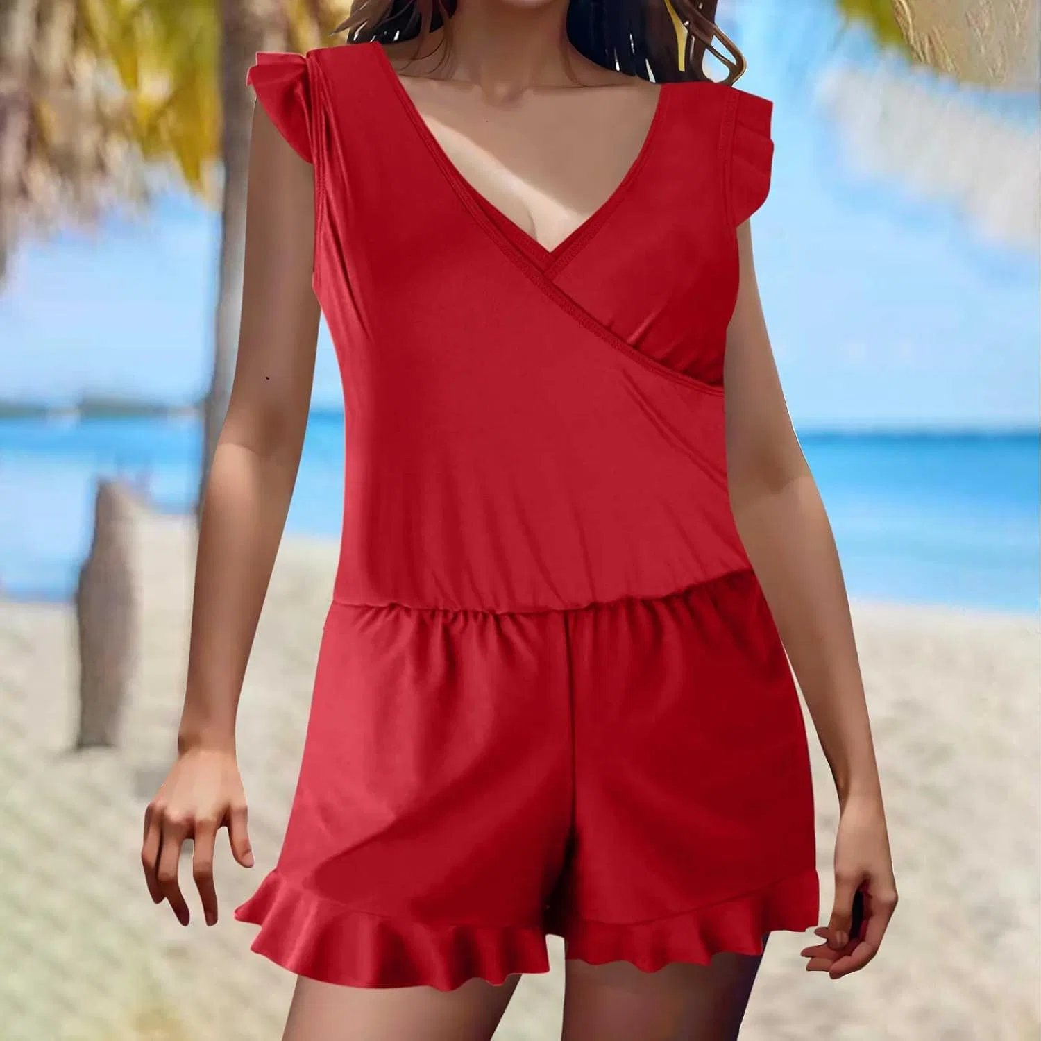 Женский слитный купальник с встроенным бюстгальтером и карманами Romper, Red — фото 2