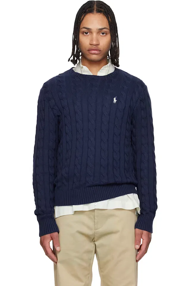 Хлопковый свитер темно-синей крупной вязки Polo Ralph Lauren