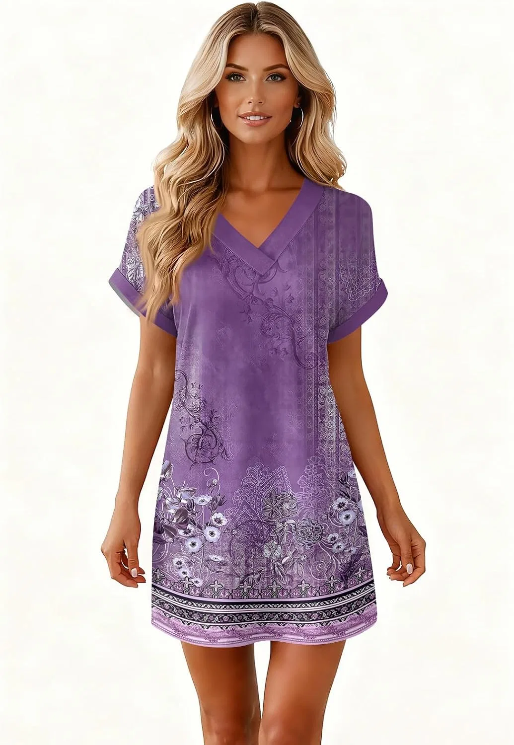 Женское летнее платье с V-образным вырезом, коротким рукавом и складками, Dark Purple — фото 4
