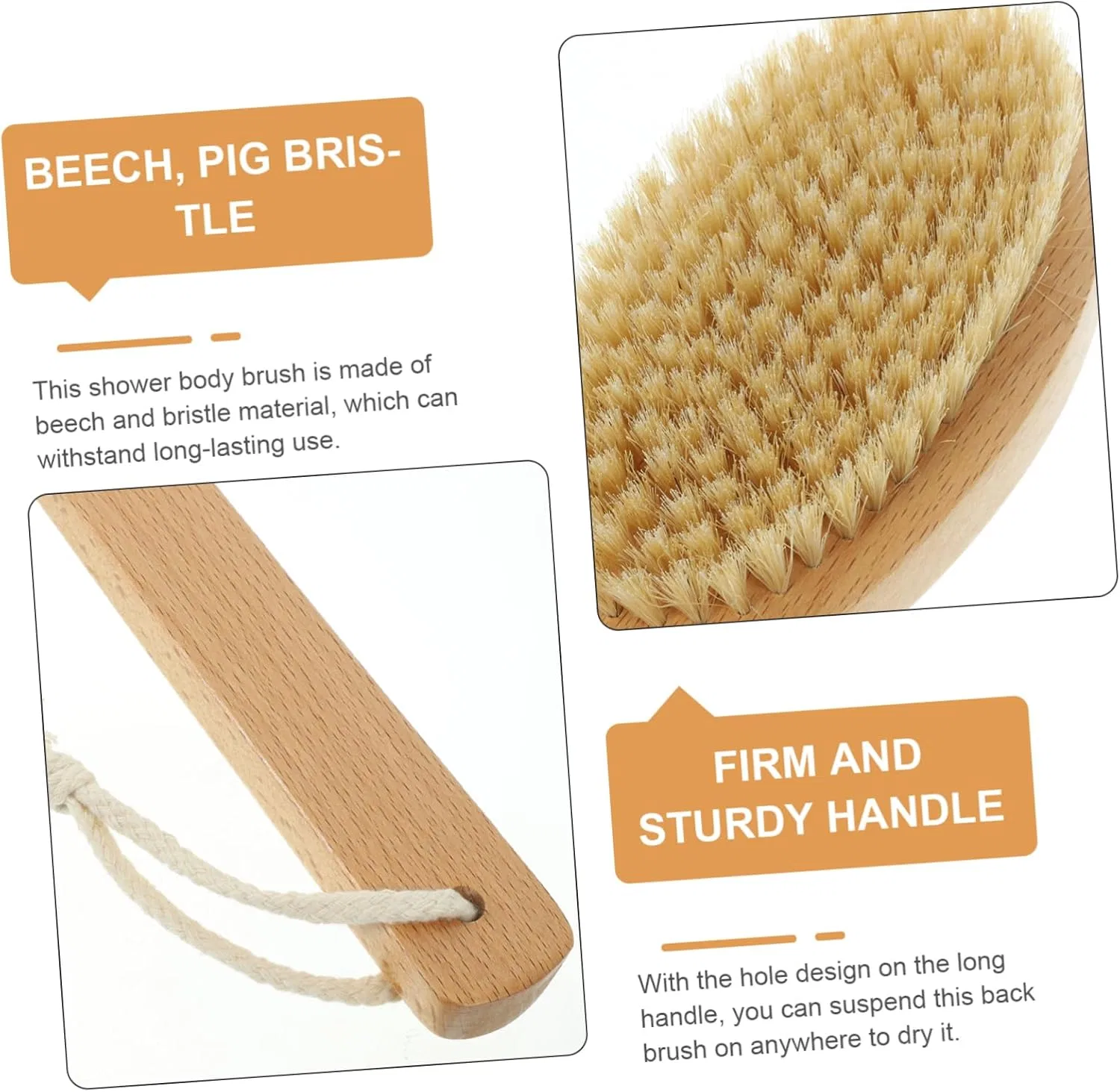Щетка для душа с длинной ручкой HAPINARY, Beech, bristle, 187 г, Beige — фото 2