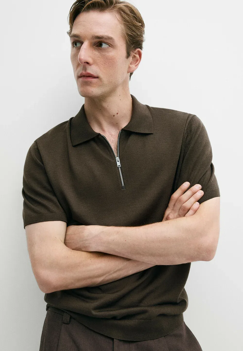 Рубашка-Поло из шерстяной смеси с застежкой-молнией - рубашка-поло Massimo Dutti, Khaki — фото 4