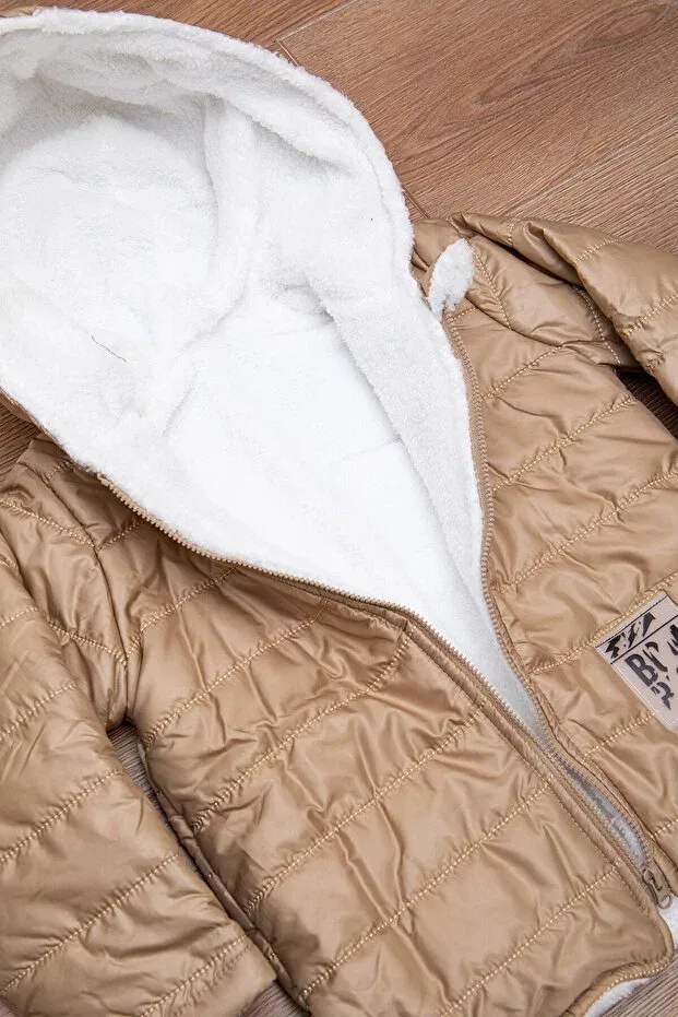 Детское пальто для девочек на молнии из плюша с капюшоном Mika Bebek & Çocuk, Beige — фото 3
