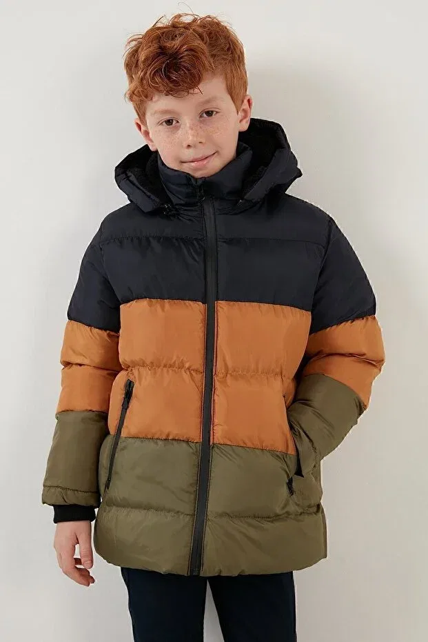 Детское пальто-пуховик для девочек с капюшоном Lela, Navy Blue-Taba-Khaki — фото 3