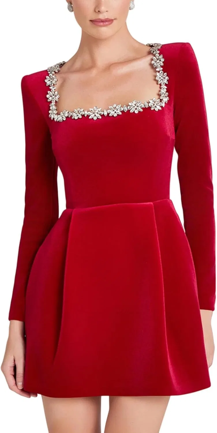 Женское мини-платье с пайетками A-силуэта, Red