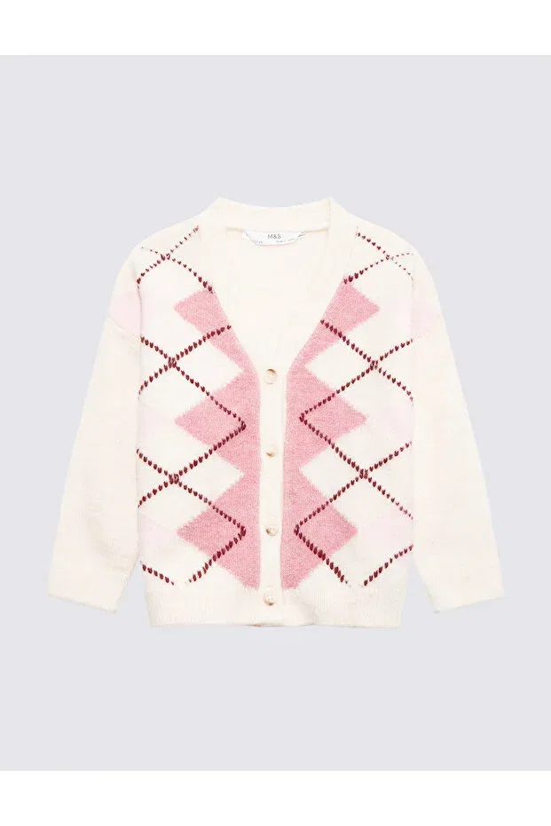 Детский кардиган с принтом Argyle patterned cardigan Marks & Spencer, Pink Mix