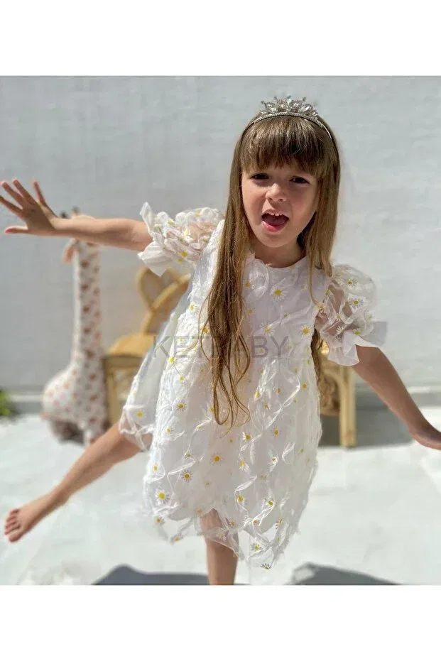 Детское платье для девочек с принтом Daisy Pattern Short Sleeve Dress Ketbaby, White