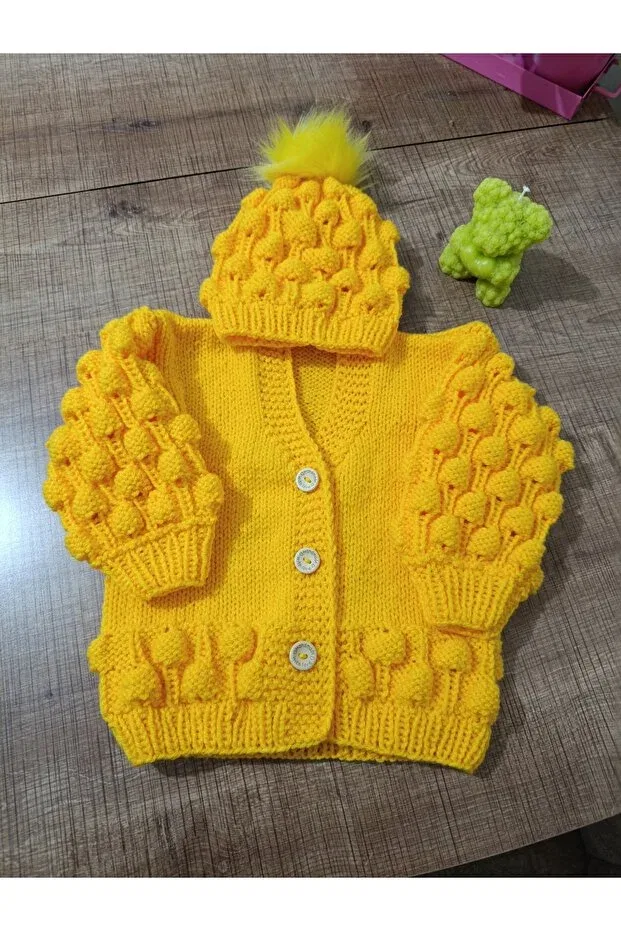 Детский кардиган для девочек вязаный Hand knitted girl's cardigan+beanie El Örgüsü Cici Bebe, Yellow