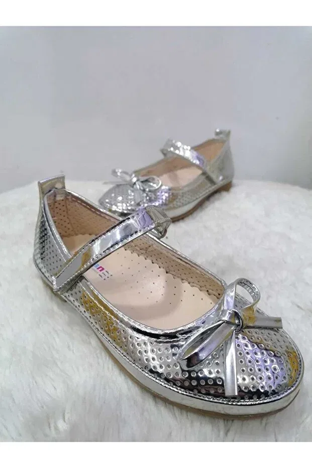 Детские балетки для девочек с блестящими отверстиями Özgür Kids, Silver — фото 3