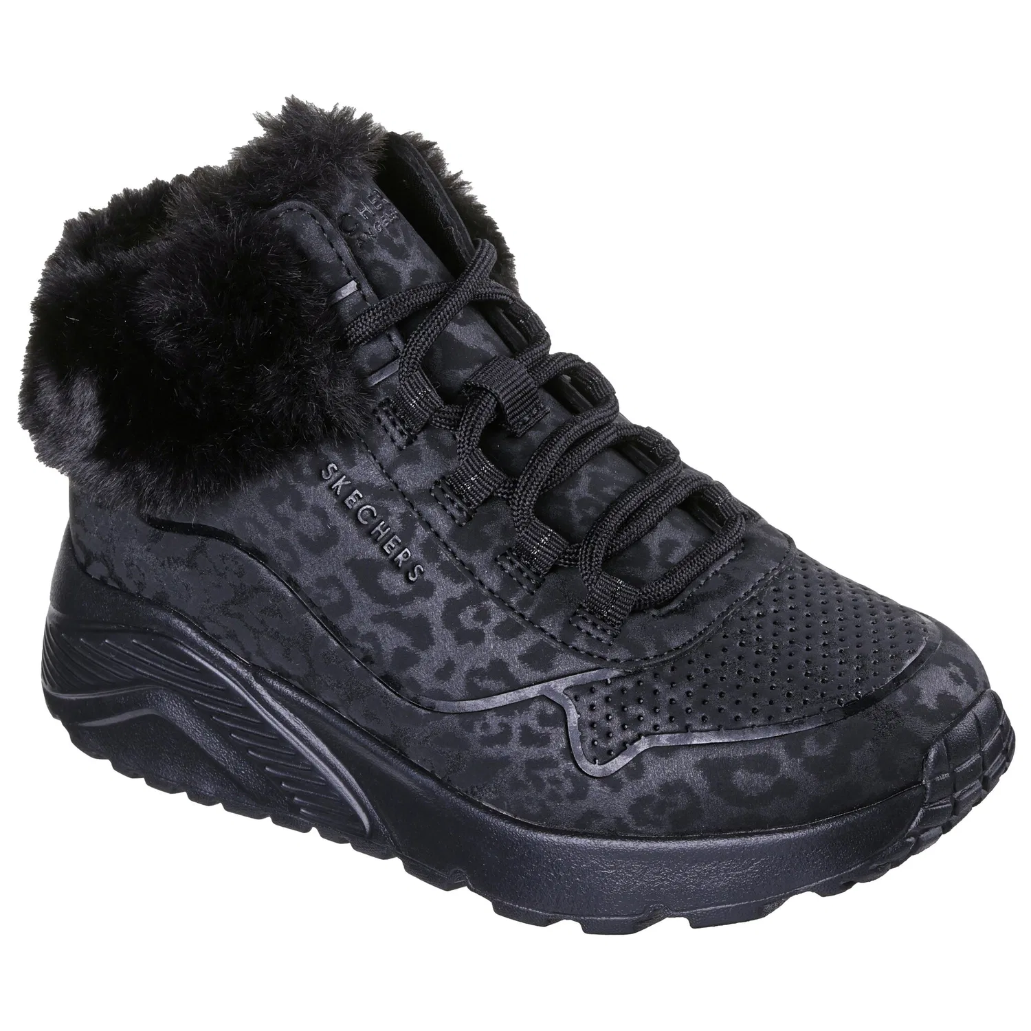 Детские зимние ботинки на шнуровке с замком Skechers, Black/Leopard — фото 4