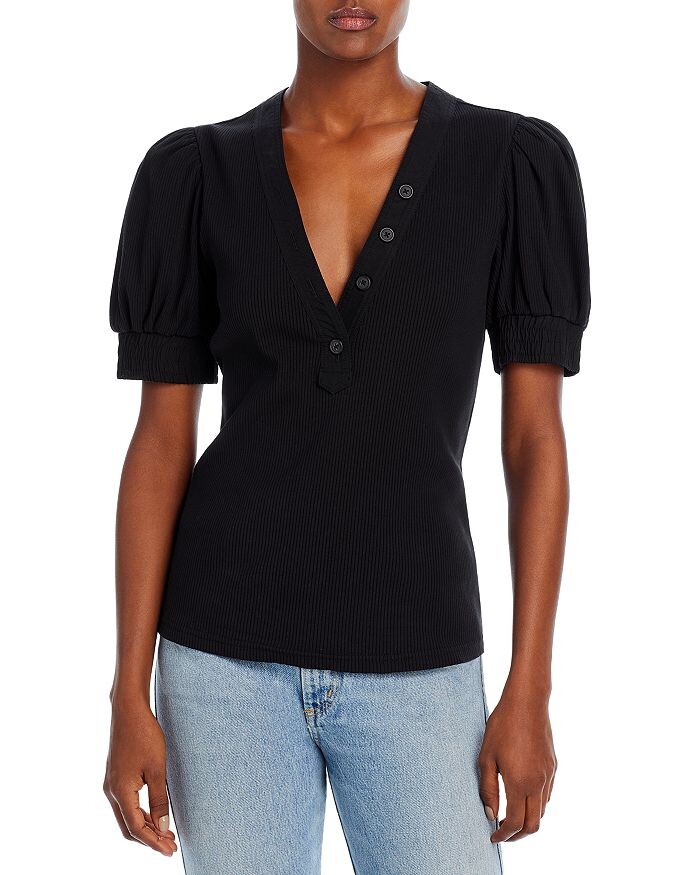 

Топ Derek Lam 10 Crosby Heather с V-образным вырезом и пышными рукавами, черный