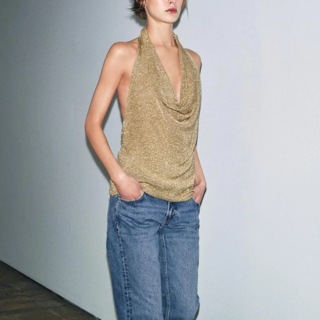Женский топ без рукавов с завязкой на шее Gold ZARA, Gold — фото 4