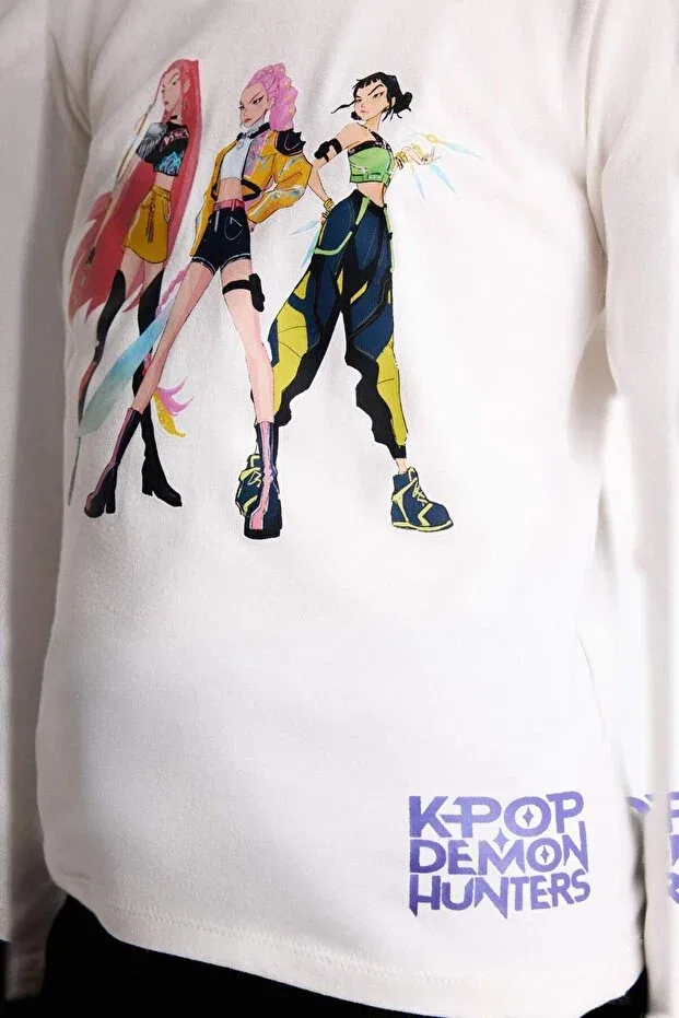 Детская футболка для девочек с принтом Kpop - demon hunters slim fit t-shirt for girls h3838a826sp Defacto, Ecru-Er105 — фото 4