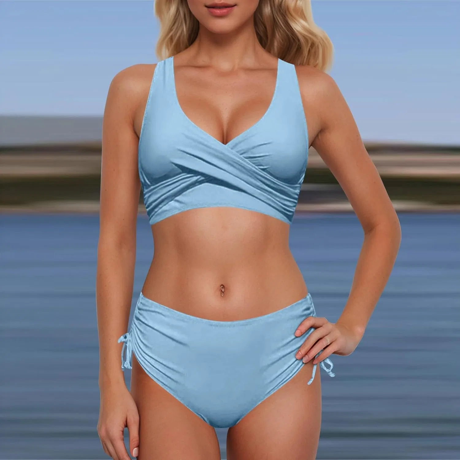 Женский бикини-комплект с завязками на спине Solid, Light Blue — фото 2