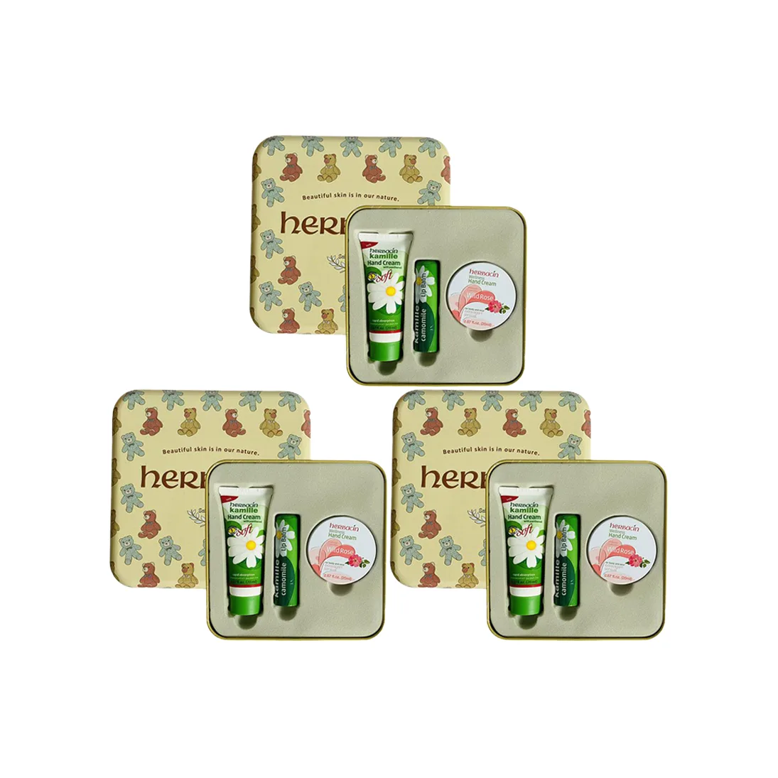 Herbacin Крем для рук Little Chamomile в подарочной коробке с мишкой и шоппером, увлажняющий, 20 мл + 4,8 г + 20 мл, Nine-Piece Set