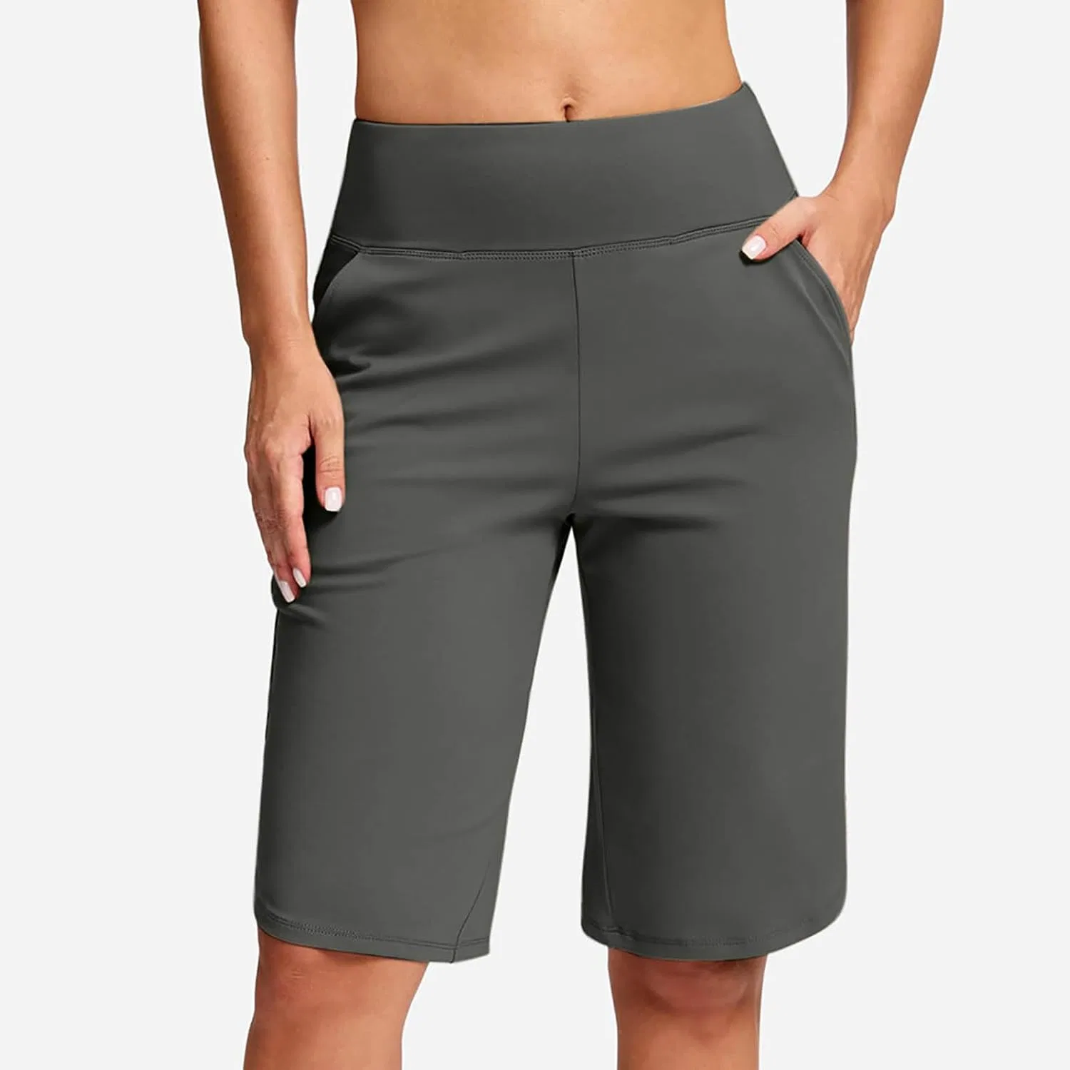 Шорты бермуды женские с карманами, высокие, Athletic Relaxed Fit, Dark Gray — фото 3