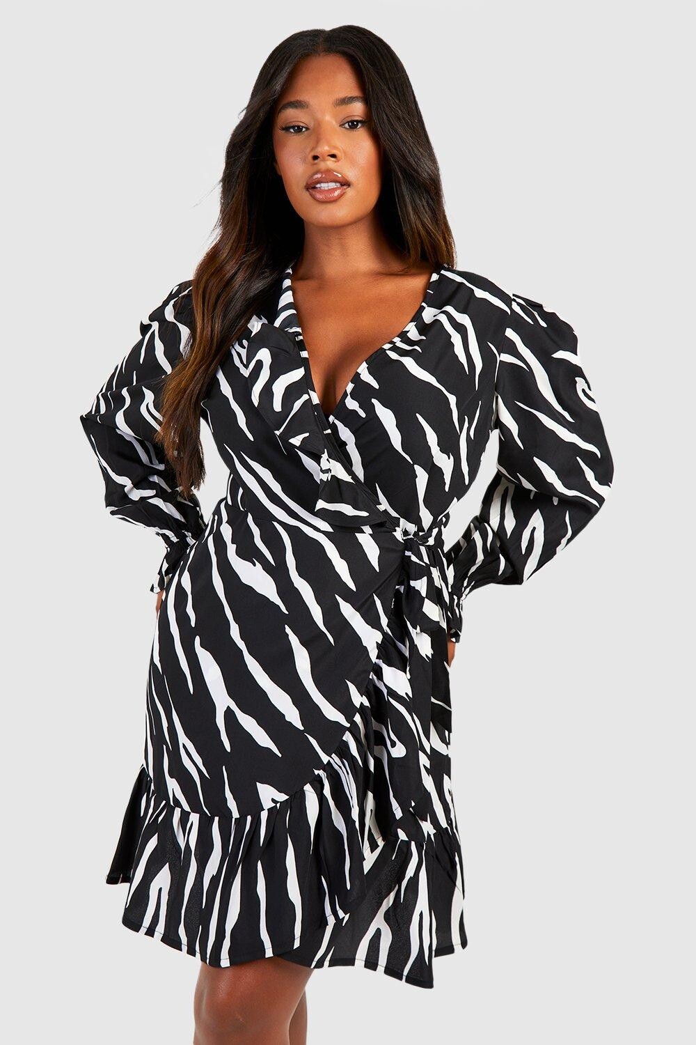 

Платье Plus с запахом и длинными рукавами Zebra boohoo, черный