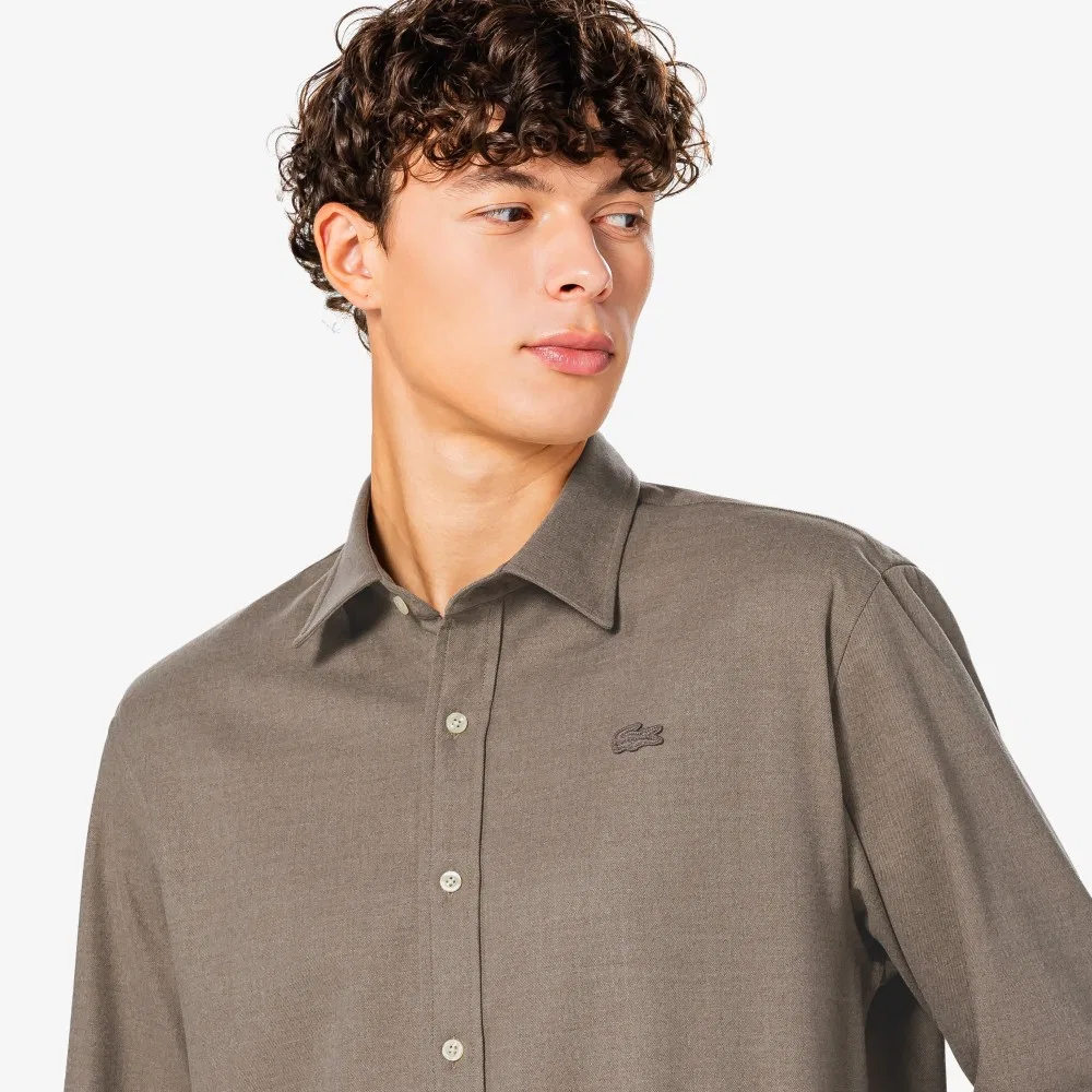 Мужская фланелевая однотонная рубашка бежевая от Lacoste — фото 2