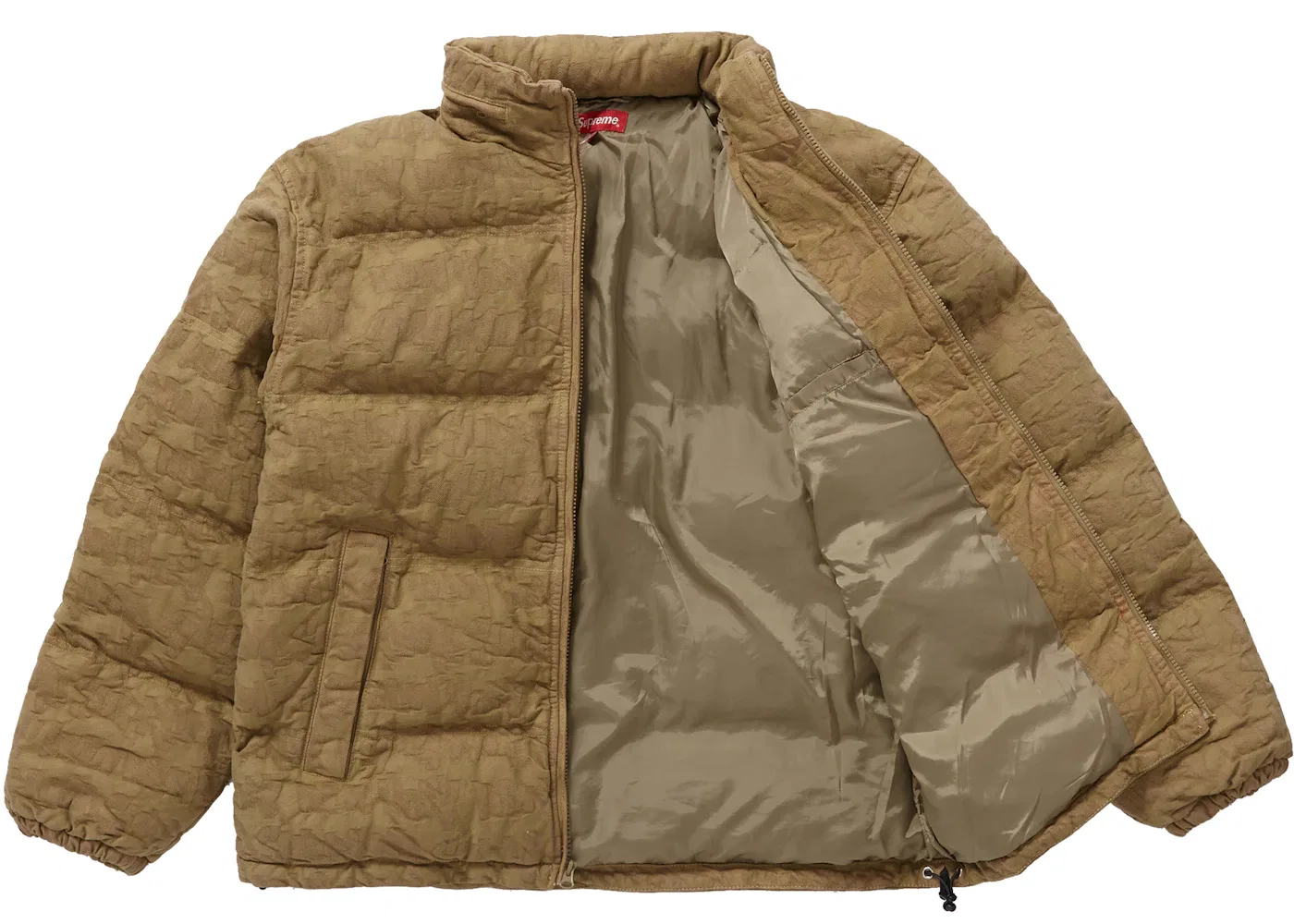 Мужская куртка-пуховик из денима с принтом Supreme Fat Tip Jacquard Denim Puffer Jacket, Olive — фото 2