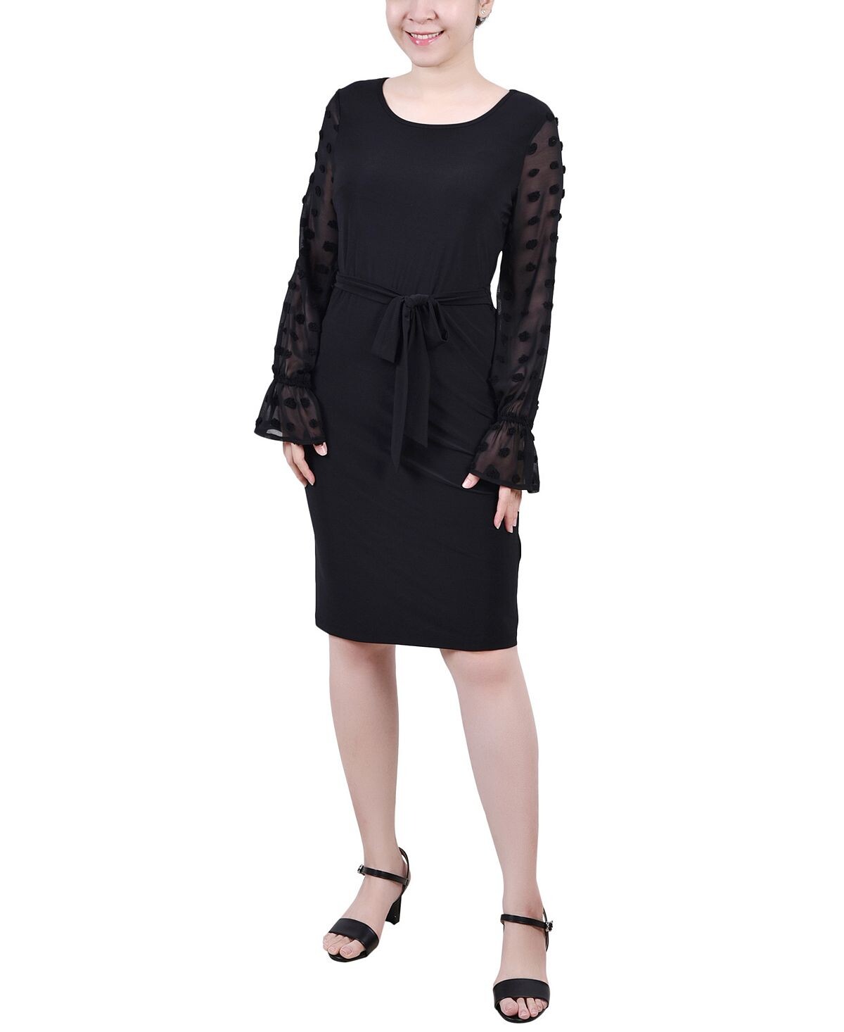 

Миниатюрное длинное шифоновое вязаное платье с рукавами NY Collection, черный