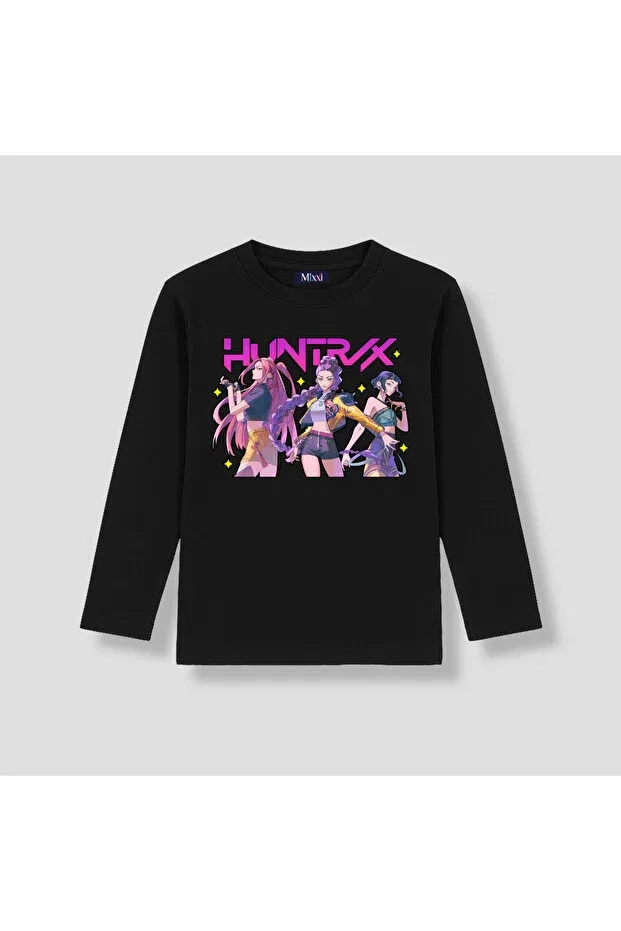 Детские свитшот с принтом Kpop Demon Hunters Huntrix Long Sleeve Printed Girls' T-Shirt Mixxi Fashion, Black