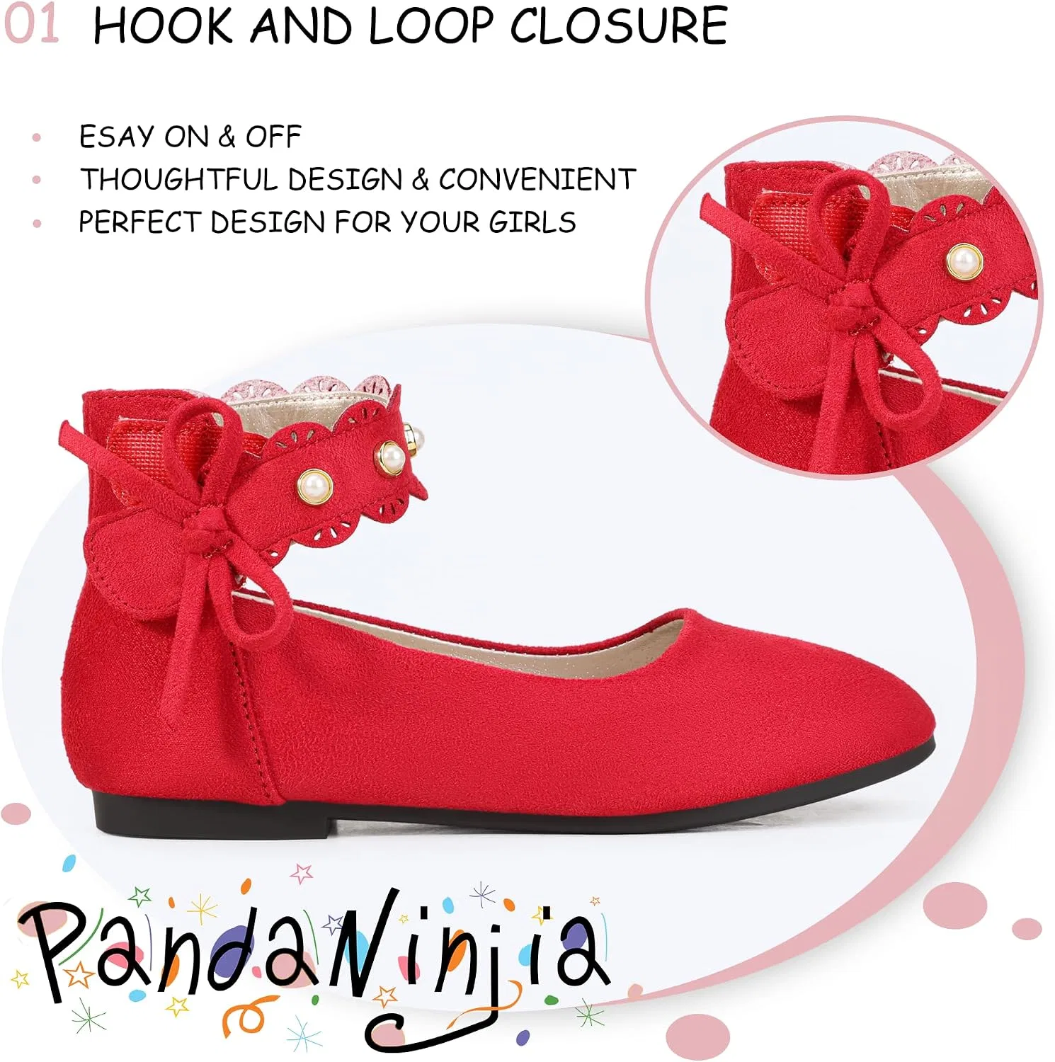 Детские балетки для девочек с жемчугом PANDANINJIA, Red Suede — фото 3