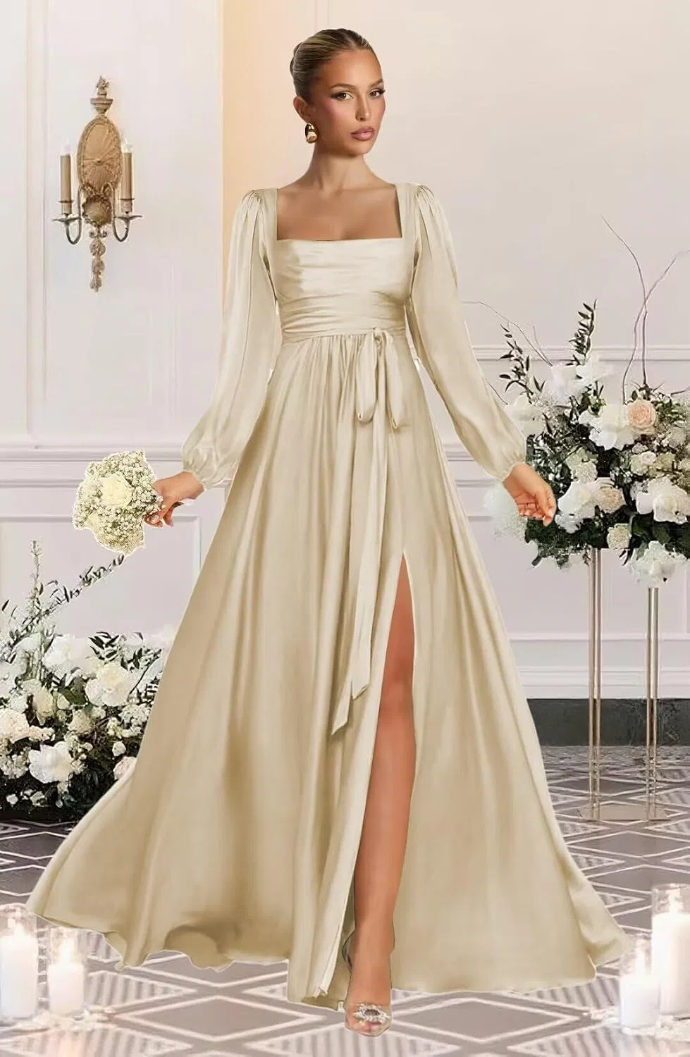 Женское A-силуэта платье для подружки невесты с боковым разрезом Satin, Wisteria — фото 3