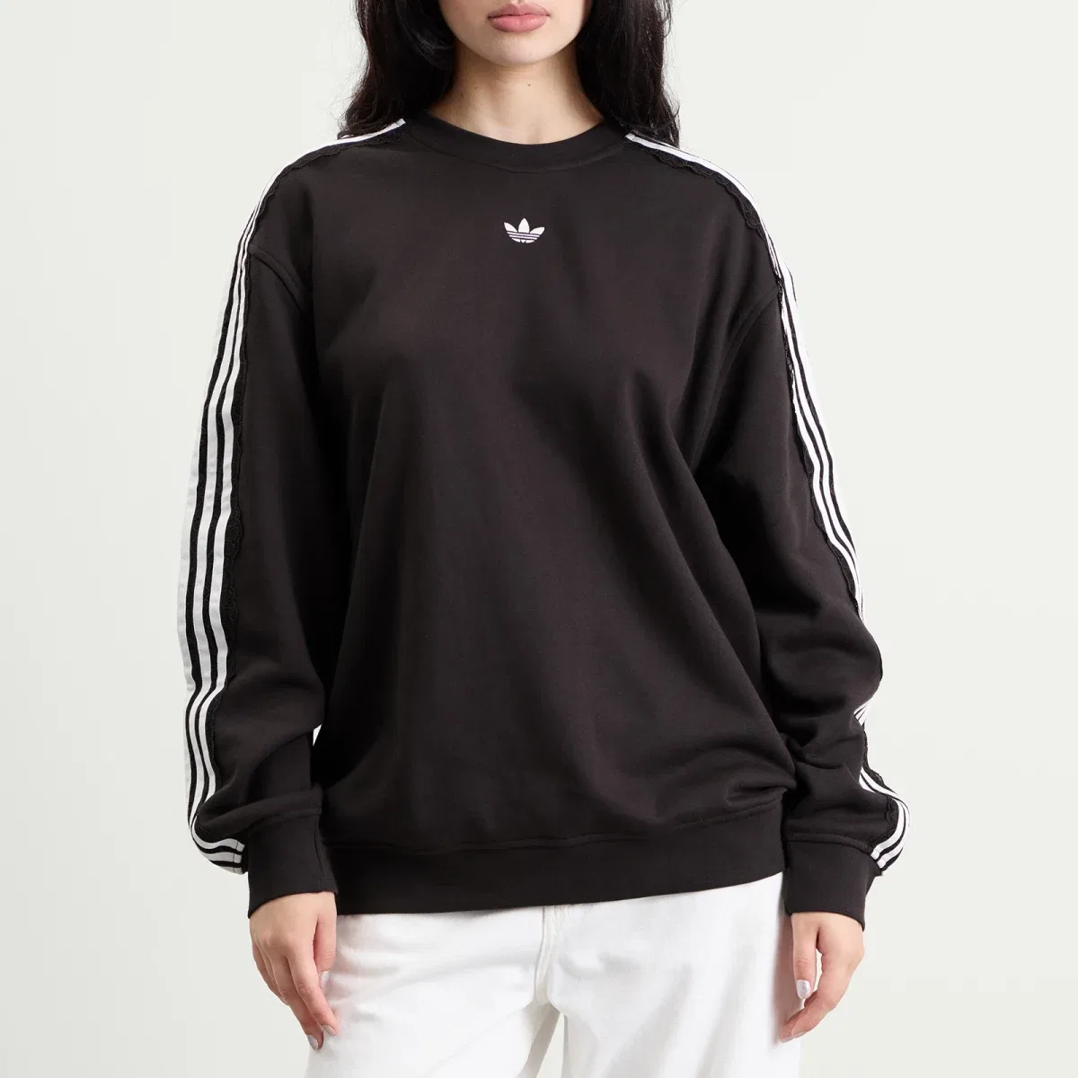 Женский свитшот с кружевными вставками Lace 3 Stripe Crew Adidas, Night Brown — фото 2