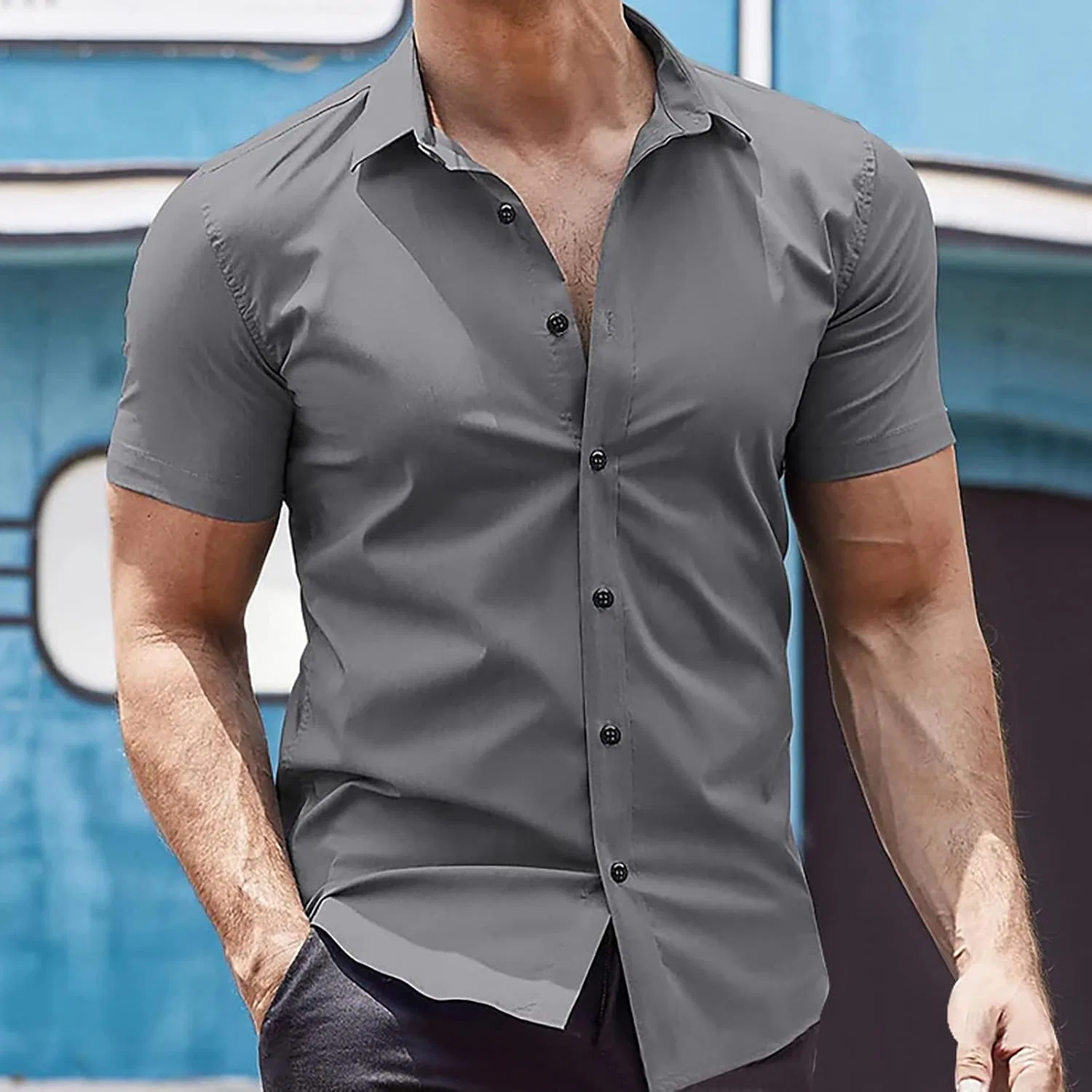 Мужская рубашка с коротким рукавом Slim Fit, Gray — фото 2