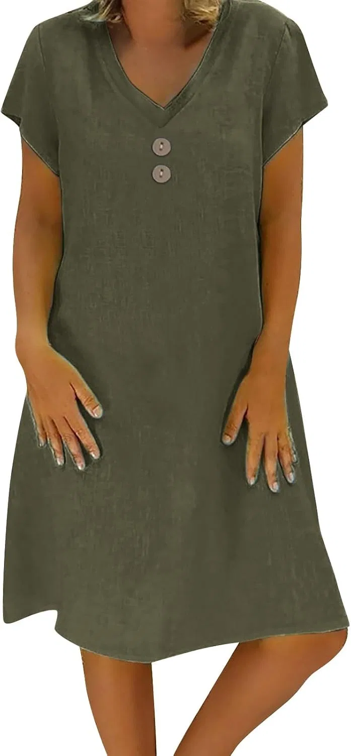 Платье миди с V-образным вырезом Cotton Linen, Green