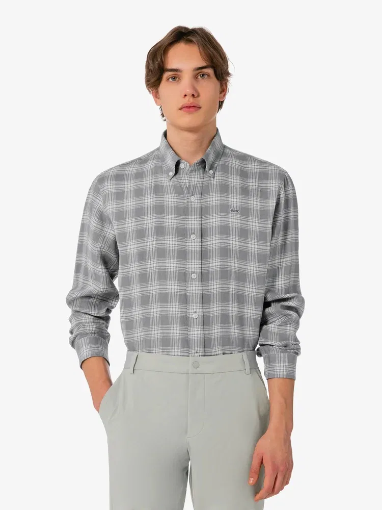 Мужская рубашка с длинным рукавом, большой клеткой LACOSTE, Grey