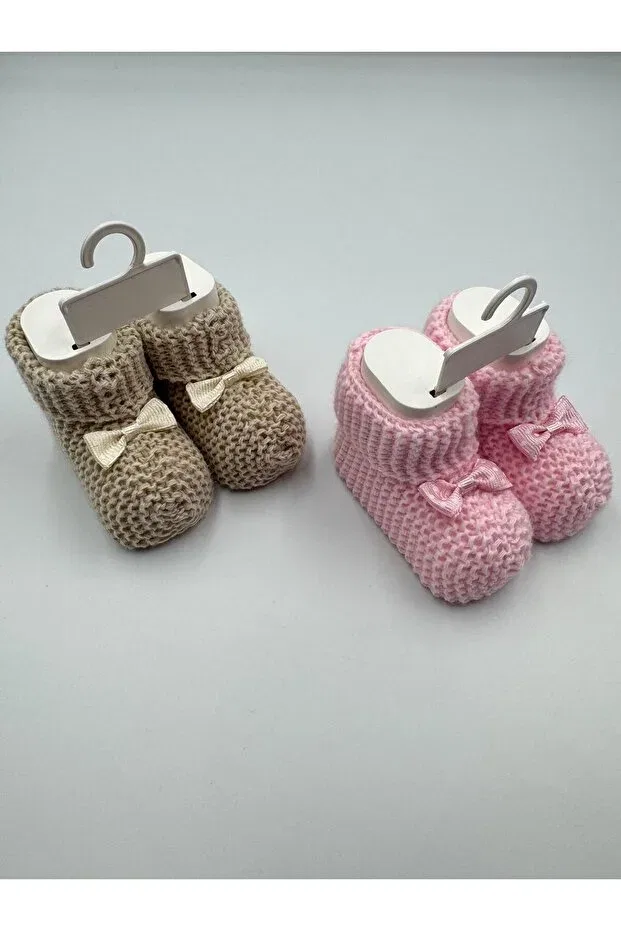 Детские вязаные пинетки для новорожденных без каблука Basics Şatilli Handmade, Pink-Beige — фото 4