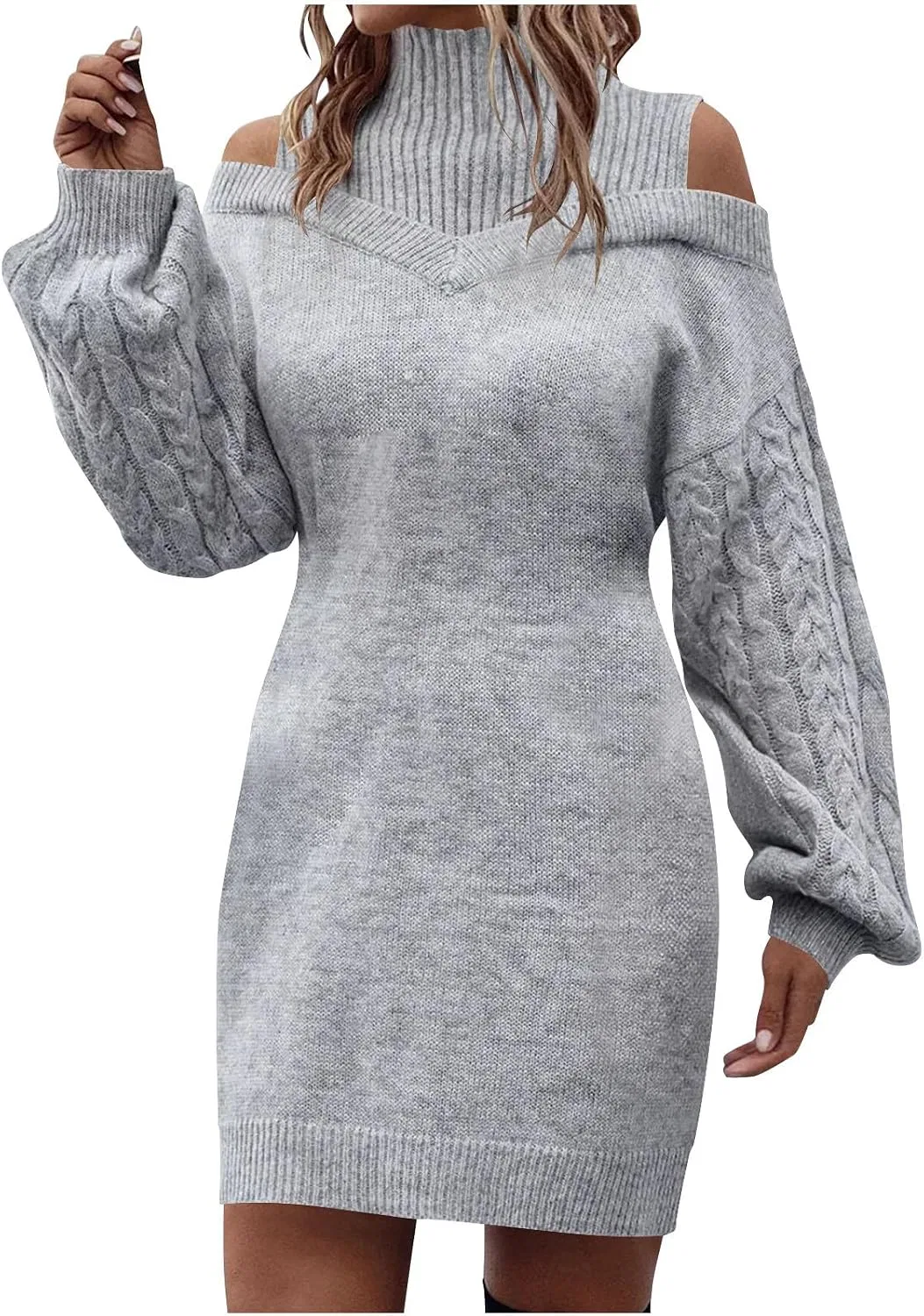 Женское платье-свитер с имитацией рукава-фонарика, модель Mock Neck Sweater Dress, серый