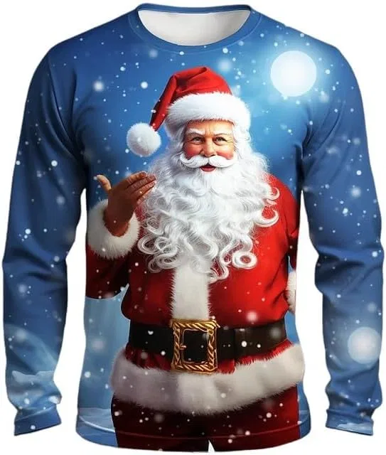 Мужская футболка с принтом Санты, Long Sleeve, Blue