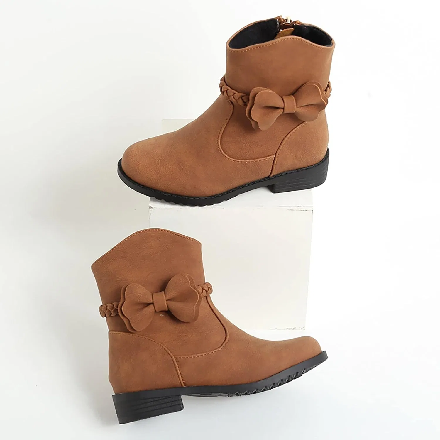 Детские сапоги для девочек с принтом Bow Little Kid Low Heel Leather Western Boots Fall Booties, Brown — фото 3