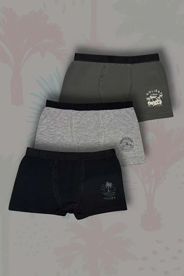 Детский комплект боксеров для мальчиков хлопковый с принтом 3-Piece boys' cotton island printed boxer set Gri Mor Tekstil, Gray/Charcoal/Navy Blue