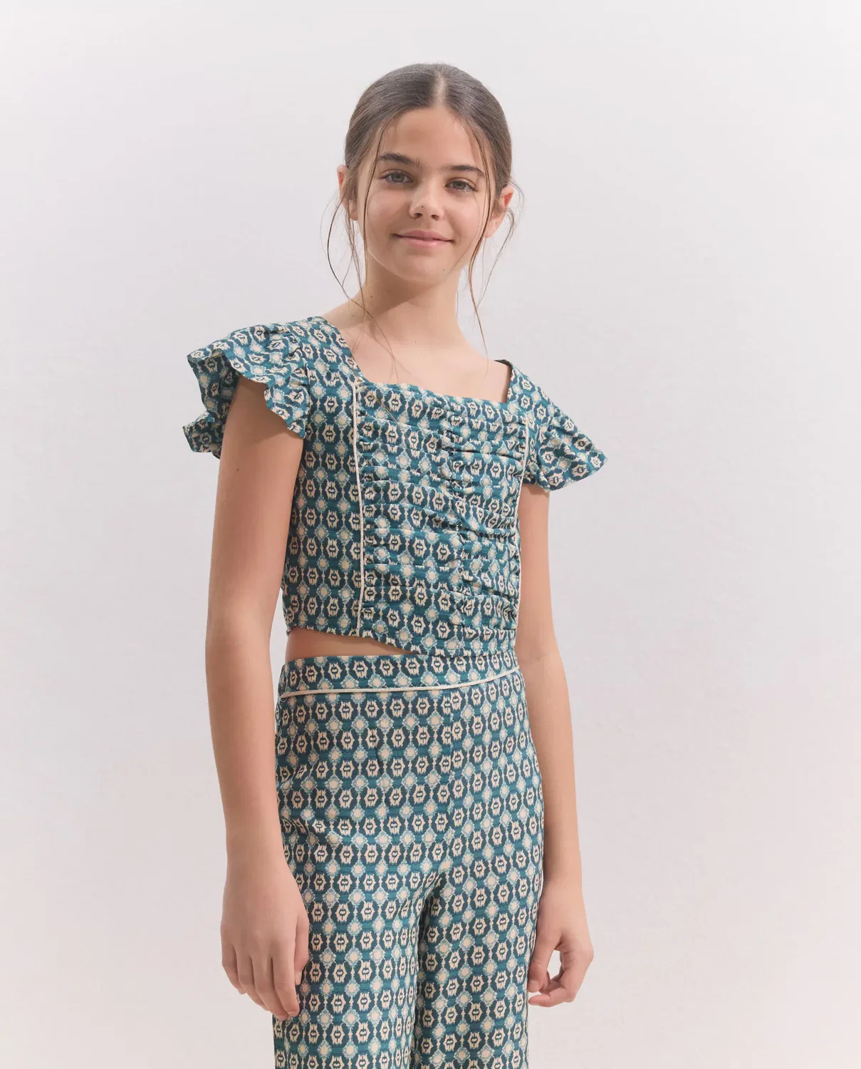 Детская блуза для девочек с принтом Blusa Manga Corta Frunces All Over Print Baldosa, Coconut El Corte Inglés, Azul